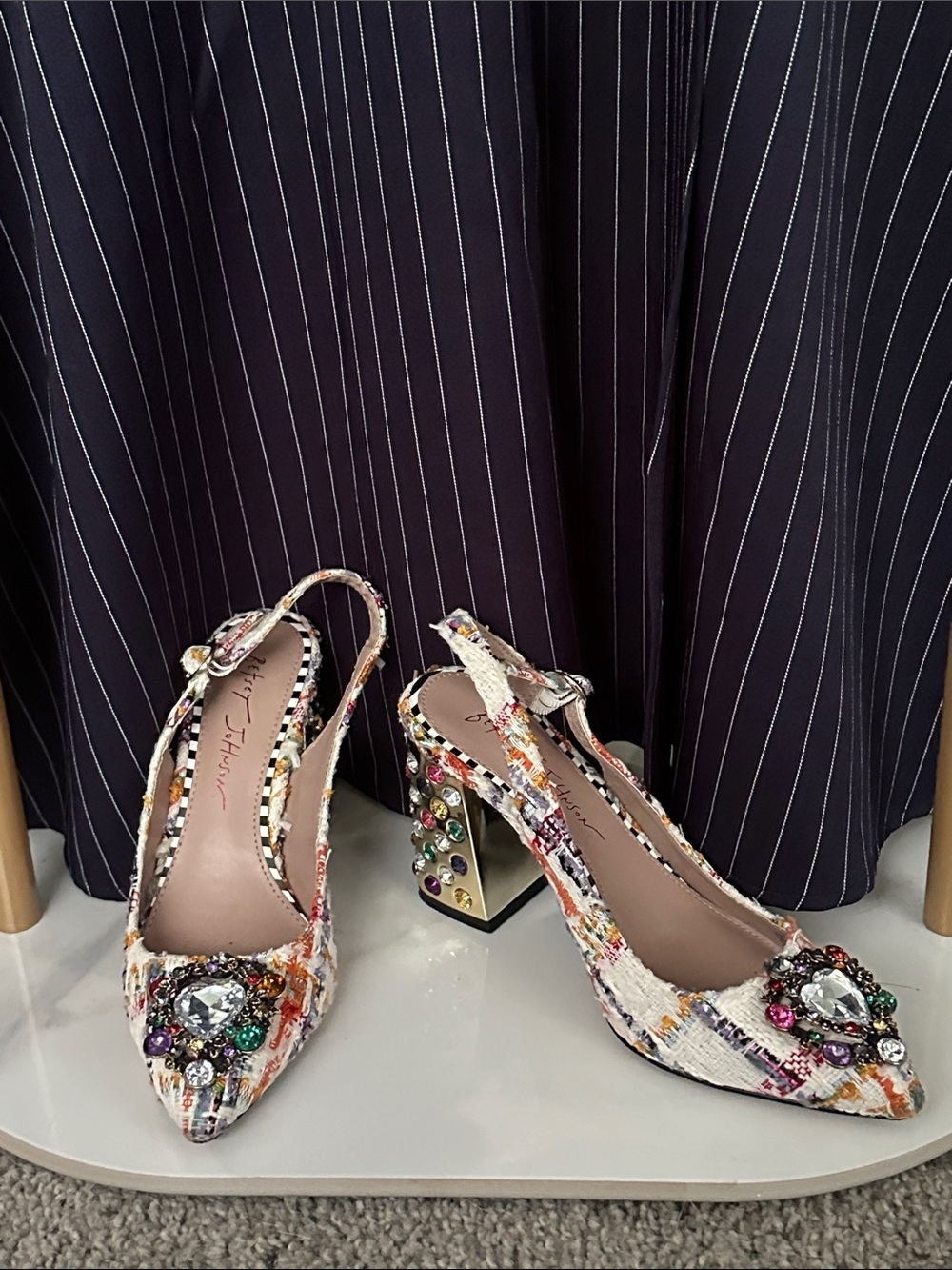 Betsey Johnson Multicolor Tweed Jeweled Block Heel Slingbacks